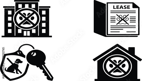No Pets Allowed in Apartment Icon Set with Building, Lease Document, Keys, and House Symbols for Pet Restriction, Rental Policy, and Real Estate Notices