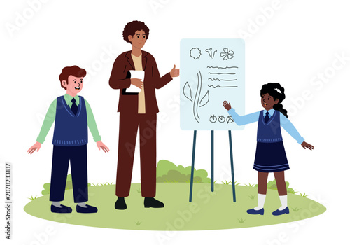 Children and teacher on botany lesson outdoors. Great for science education poster, nature school banner, or eco learning flyer.