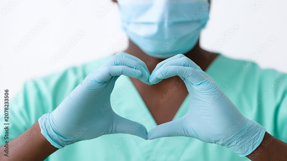 Fototapeta premium Medical professional in protective face mask and gloves form heart gesture, symbolize care and gratitude, dedication to health