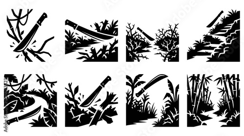Fotografie Jungle Machete Clearing Path, Tropical Forest Path Cutting, Adventure Silhouette