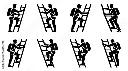Foto Man climbing ladder icons set, silhouette of person with backpack, progress, suc
