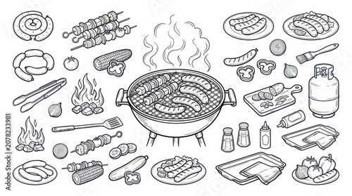 Cuadro en lienzo Barbecue grill with food and utensils.