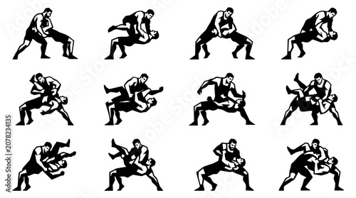 Obraz na plátně Wrestling Silhouettes: Grappling Moves and Takedowns Collection