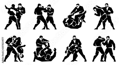 Tableau sur toile Grappling Martial Arts Silhouettes: Jiu-Jitsu, Wrestling, Combat Sports Action P