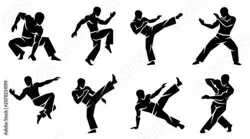 Canvastavla Martial Arts Silhouette Set: Dynamic Kicks and Punches, Karate, Kung Fu, Fighter