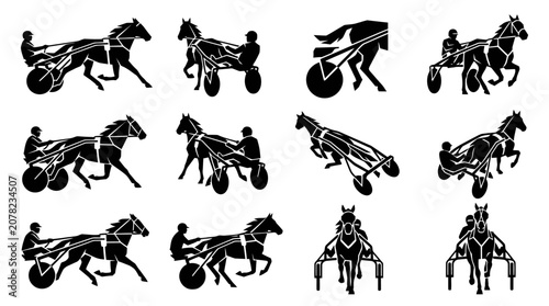 Bild auf Leinwand Harness Racing Horse and Driver Silhouettes: Collection of Dynamic Action Poses