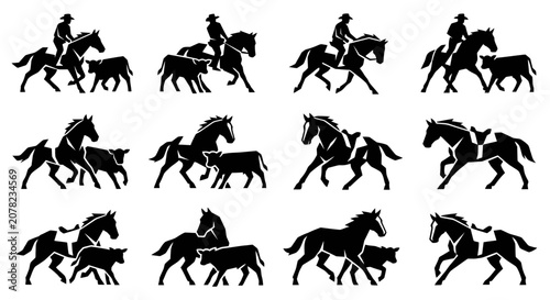 Fotografija Cowboy Riding Horse Herding Cattle Silhouette Set