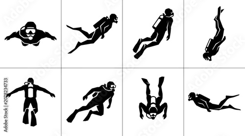 Fotografia Scuba Divers Silhouette Collection: Various Poses Underwater - Vector Graphics