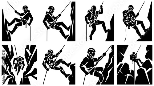 Cuadro en lienzo Rock Climbing Silhouettes - Action Poses of Climbers Descending Mountains