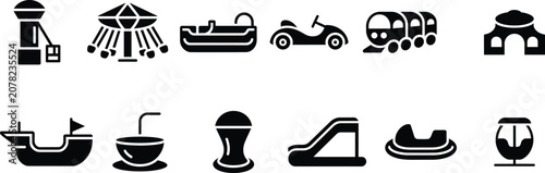 Canvastavla Amusement park rides icons featuring carousel swing, bumper cars, train, boat at