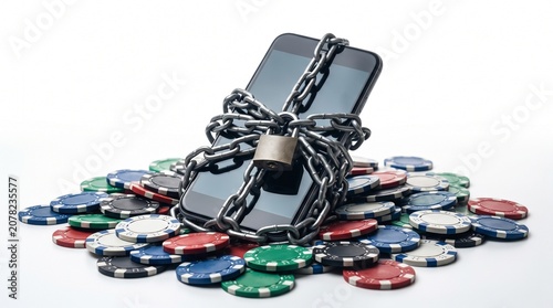 Locked Down by Luck: A smartphone chained and padlocked, sits atop a pile of casino chips, symbolizing the perilous grip of gambling addiction.
