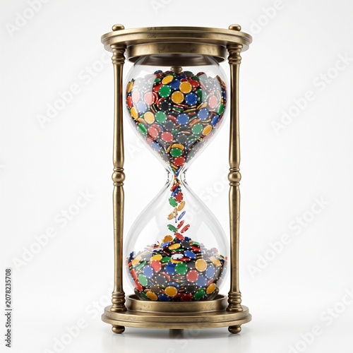 Time is Money: An antique hourglass filled with colorful poker chips symbolizes the preciousness of time and its connection to fortune and risk.
