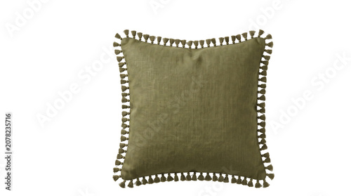 The green pillow with decorative tacks is shown on a white background indoors.