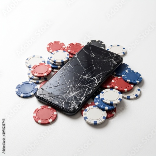 Broken Smartphone on Casino Chips: A smartphone with a shattered screen rests atop a colorful pile of casino chips.