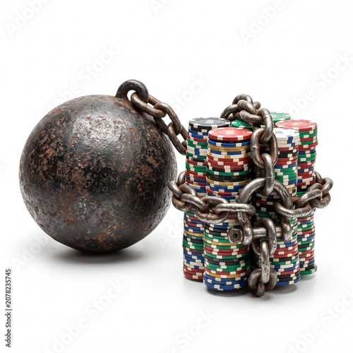 Chains of Gambling: A rusty wrecking ball and heavy chains bind a stack of colorful gambling chips, symbolizing the perilous nature of addiction and its hold.