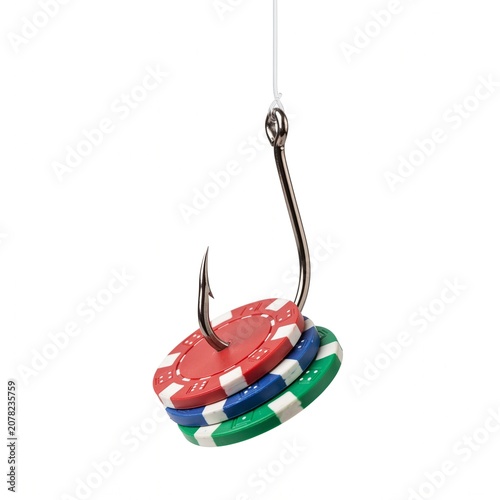 Gambling Bait: A fishing hook with a bait of stacked poker chips, symbolizing the lure of chance and the potential risks associated with gambling.