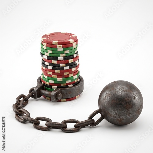 Gambling Addiction Symbolism: A stack of colorful casino chips is chained to a heavy cannonball, representing the binding and destructive nature of gambling addiction.