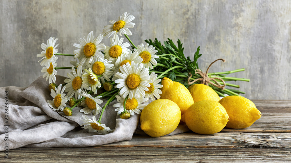 Fototapeta premium White daisies with yellow lemons on a wooden table