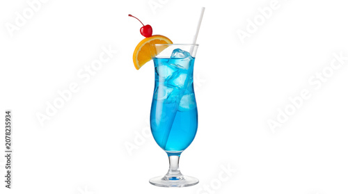 A refreshing blue cocktail with umbrella garnish and straw