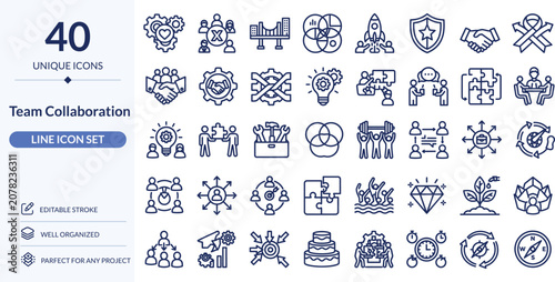 Team Collaboration Line Icons, 40 Editable Stroke Vector Icons for Teamwork, Communication and Business