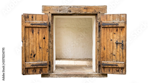 Old wooden doors open to empty room interior with rustic texture