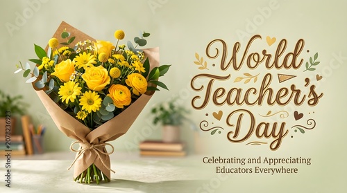 World teacher's day celebration with yellow flowers bouquet
