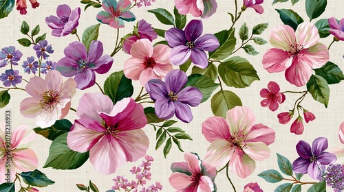 Flowers in a lovely pattern cover soft linen. This art makes a pretty backdrop for fabric or wall coverings.