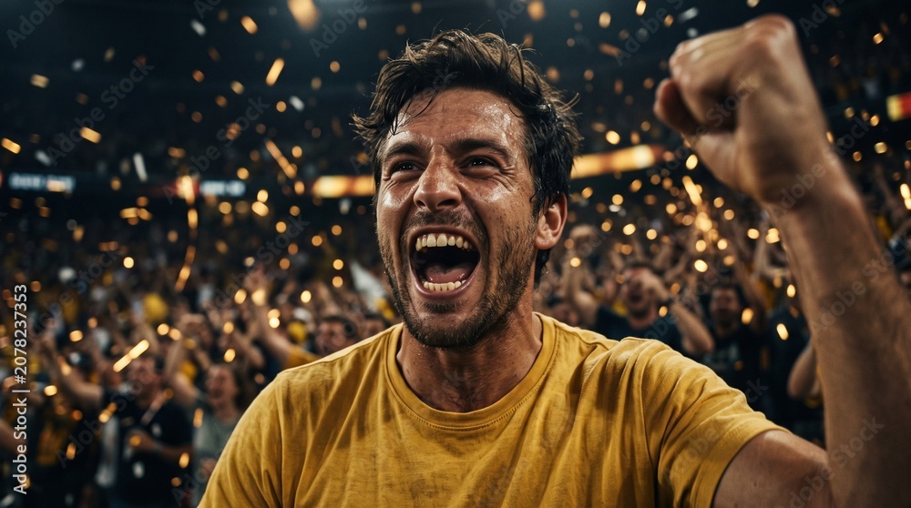 Obraz premium Man cheering in stadium with confetti during soccer championship final 2026 soccer world championship tournament