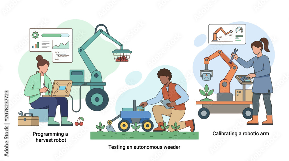 Naklejka premium Modern agriculture: robots, technology, programming, testing, calibration, farming