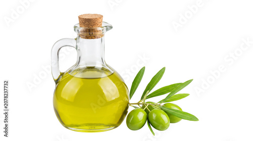 A bottle of olive oil with olives and leaves on a surface