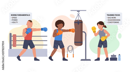 Diverse boxers training in a gym, practicing punches and using equipment.
