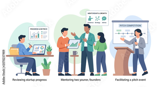 Startup team collaboration, pitch event, mentoring, and progress review.