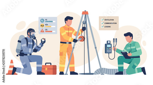 Obraz na płótnie Team of specialists performing safety inspection and rescue operation in confine