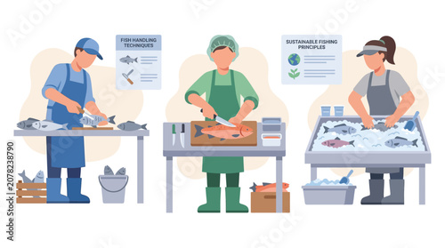 Fishmongers preparing seafood at market stalls, professional fish processing and selling