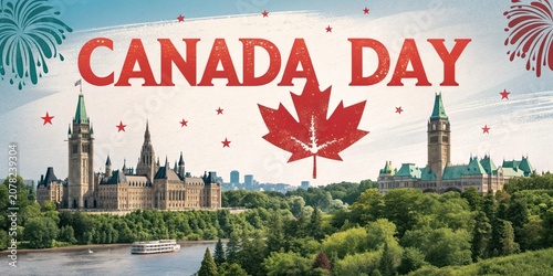 Canada Day Celebration Poster with Mountain Lake Skyline and National Symbols