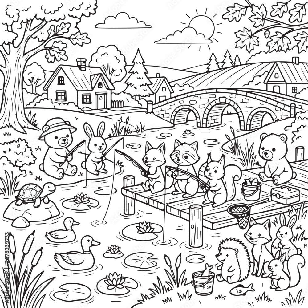 Obraz premium Cute Animal Village Life Coloring Page for Kids – Printable Line Art Vector Illustration