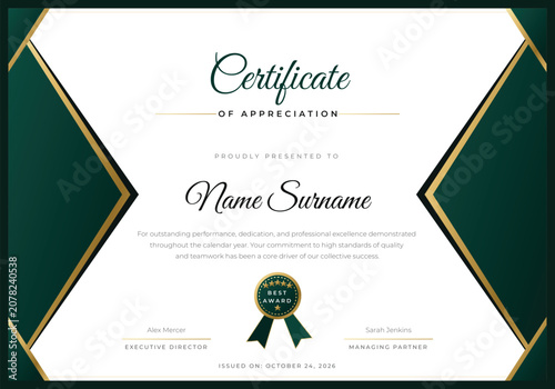 Elegant emerald green and gold certificate of appreciation template with certificate appreciation business corporate