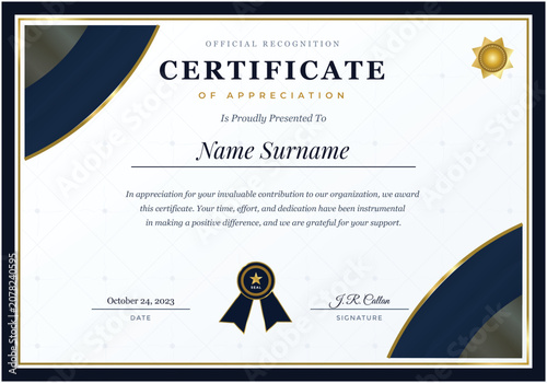 Modern certificate of completion template with dark blue curved accents certificate completion business corporate