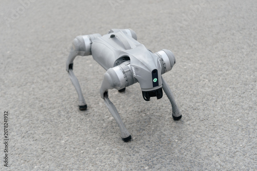 Obraz na płótnie grey robot dog in city street, entertainment for kids, amusement, modern robotic