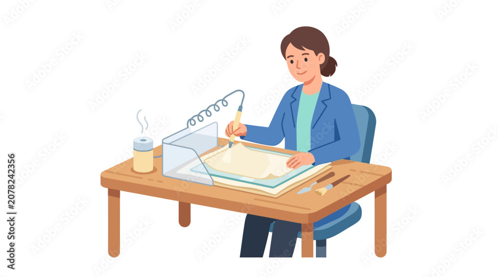 Fototapeta premium Woman working with wax and tools at a desk, crafting and creating.