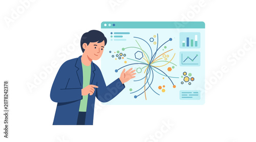 Man presenting data analytics and network connections on a digital screen