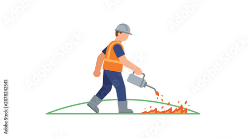 Cuadro en lienzo Worker with watering can fighting small grass fire, safety and prevention concep