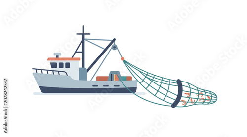 Cuadro en lienzo Fishing trawler boat hauling net full of fish at sea, marine industry illustrati