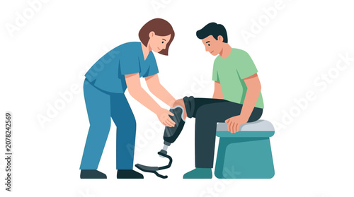 Nurse fitting prosthetic leg on patient, rehabilitation, medical assistance, physical therapy