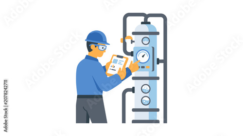 Canvastavla Engineer inspects industrial equipment, checking gauges and clipboard in factory setting