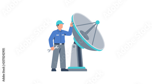 Technician working on satellite dish, telecommunication, broadcasting, technology, service, repair