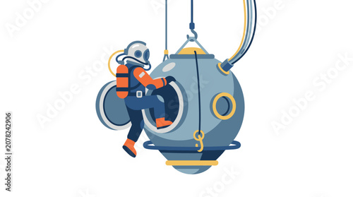 Retro Diver Enters Submersible Sphere Capsule for Underwater Exploration