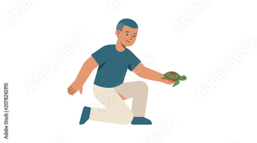 Man Holding Small Turtle, Animal Rescue, Conservation Concept, Isolated on White