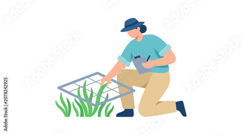Photos Scientist studying plant growth with quadrat and clipboard, environmental resear