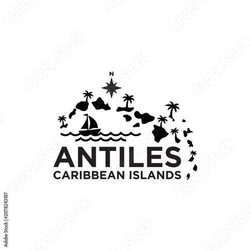 Minimalist vector graphic illustration of the Caribbean Antilles island chain map